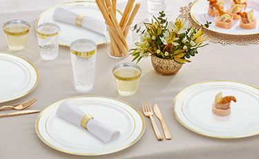 Dessert Plates Square Ivory Gold Rim Dinner Plates Silverware & Cups For All Occasions Disposable Plastic Dinnerware Set for 120 Guests
